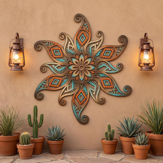 Southwestern Aztec Sunburst Metal Wall Art – Large Turquoise Tribal Pattern Decor, Gift For Adobe Home Or Patio