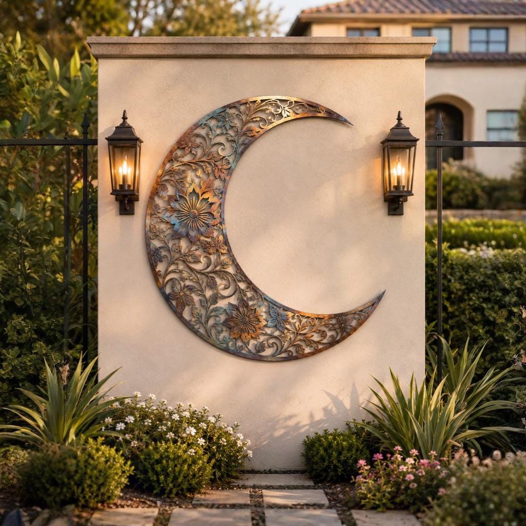 Floral Crescent Moon Metal Wall Art – Boho Celestial Garden Decor, Gift For Moon Lover