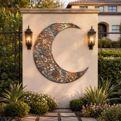 Floral Crescent Moon Metal Wall Art – Boho Celestial Garden Decor, Gift For Moon Lover