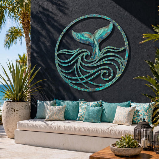 Whale Tail Round Metal Wall Art – Nautical Wave Patina Decor, Gift For Poolside Or Beach Patio