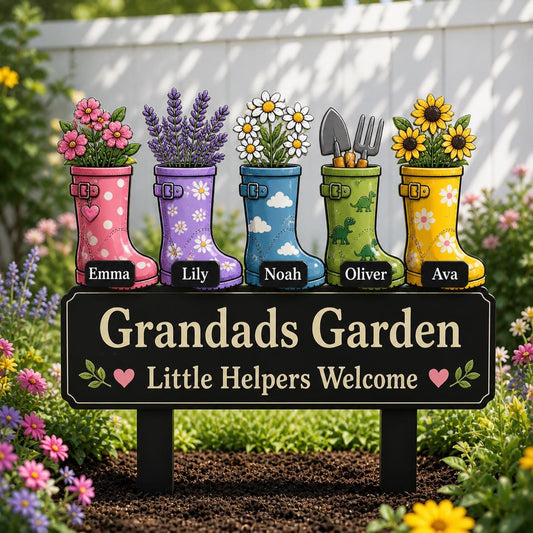 Personalized Grandad's Garden Sign – Custom Kids Names Wellies Plaque, Fathers Day Gift