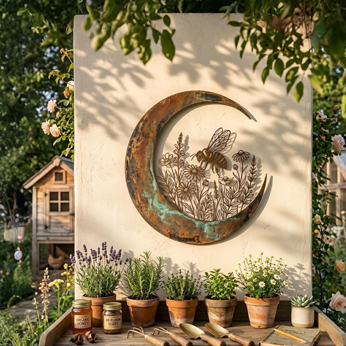 Crescent Moon Bee Metal Wall Art – Patina Wildflower Botanical Sign, Gift For Bee Lover