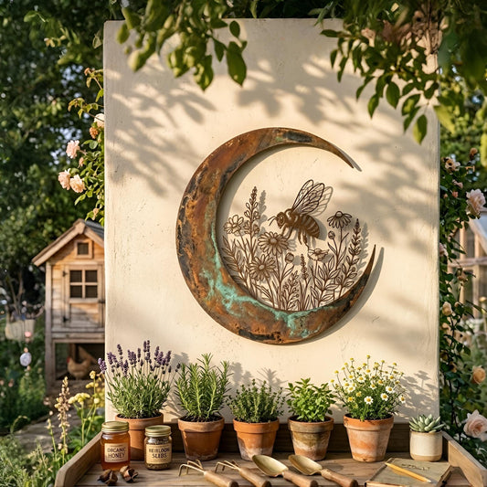 Crescent Moon Bee Metal Wall Art – Patina Wildflower Botanical Sign, Gift For Bee Lover