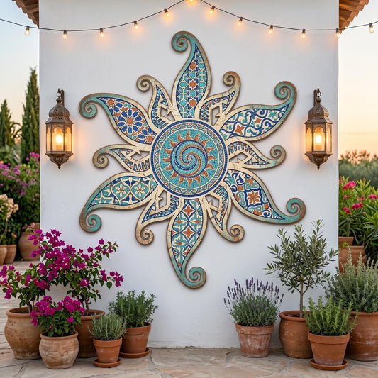 Mosaic Sun Spiral Metal Wall Art – Turquoise Southwest Garden Sign, Gift For Patio Decor Lover