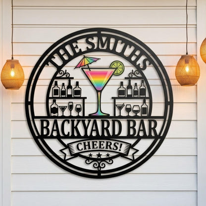 Personalized Backyard Bar Metal Sign – Custom Family Name Cheers Cocktail Plaque, Housewarming Gift For Patio Or Tiki Bar