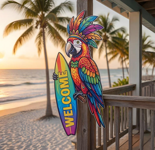 Tropical Parrot Welcome Sign – Colorful Macaw Surfboard Decor, Gift For Beach House Lover