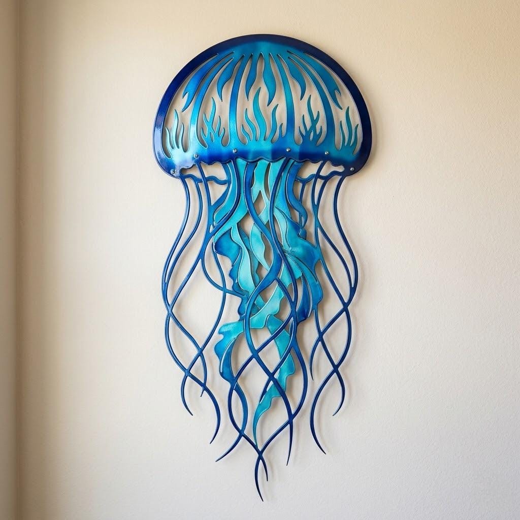Jellyfish Metal Wall Art – Blue Coastal Ocean Wall Decor, Beach House Gift For Sea Life Lovers