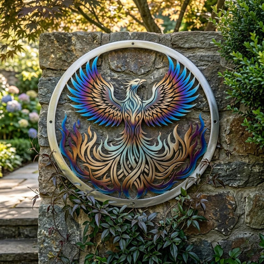 Phoenix Rising Round Metal Wall Art – Colorful Mythical Firebird Sculpture, Gift For Garden Wall Or Housewarming