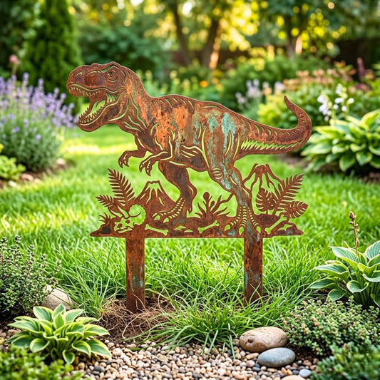 Rusted Metal T-rex Garden Stake, Dinosaur Yard Art – Prehistoric Jungle Scene, Gift For Dinosaur Lover