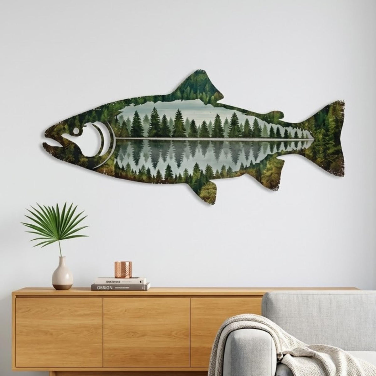 Fish Silhouette Metal Wall Art – Pine Forest Lake Scene, Gift For Fisherman