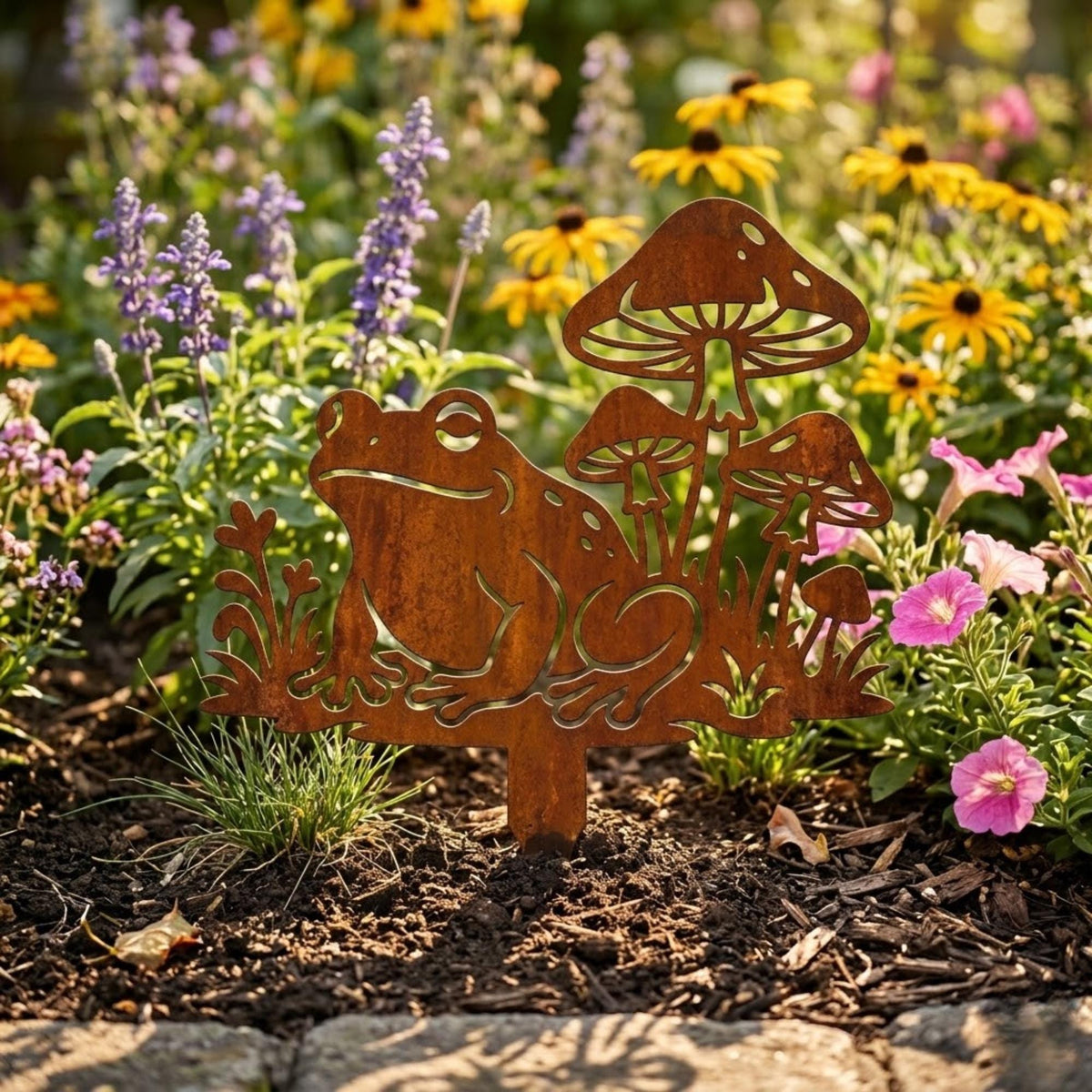Rusted Frog And Mushroom Garden Stake – Whimsical Toadstool Yard Art, Housewarming Gift For Spring Garden