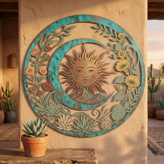 Southwestern Sun And Moon Metal Wall Art – Patina Desert Cactus Floral Decor, Gift For Boho Patio Or Adobe Home