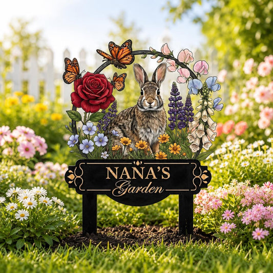 Personalized Rabbit Garden Sign – Custom Name Floral Metal Plaque, Gift For Grandma's Garden