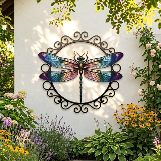 Colorful Dragonfly Metal Wall Art – Scroll Frame Garden Decor, Gift For Mom