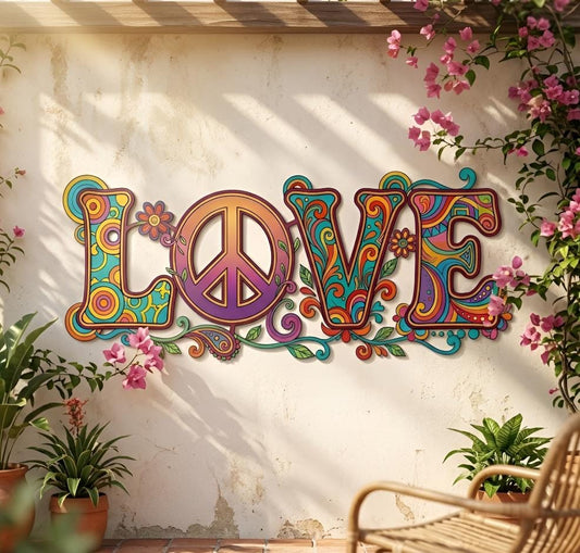 Groovy Love Peace Sign Metal Wall Art – Retro Hippie Colorful Decor, Gift For Boho Home Or Patio Wall