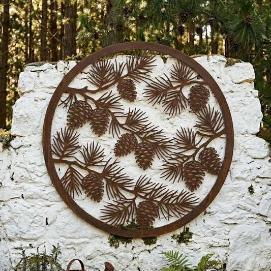 Pinecone Round Metal Wall Art – Large Rusted Pine Branch Decor, Gift For Mountain Lodge Cabin Or Housewarming