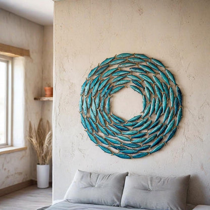 Fish School Round Metal Wall Art – Coastal Ocean Sign, Gift For Beach House Lover