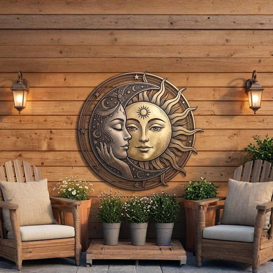 Sun And Moon Face Metal Wall Art – Celestial Boho Patio Decor, Gift For Moon Or Sun Lover