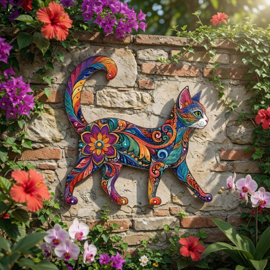 Colorful Folk Art Cat Metal Wall Art – Boho Floral Mandala Decor, Gift For Cat Lover