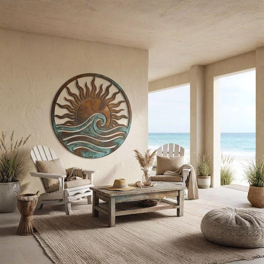 Coastal Sun And Wave Metal Wall Art – Round Beach House Decor, Gift For Ocean Lover Or Poolside Patio