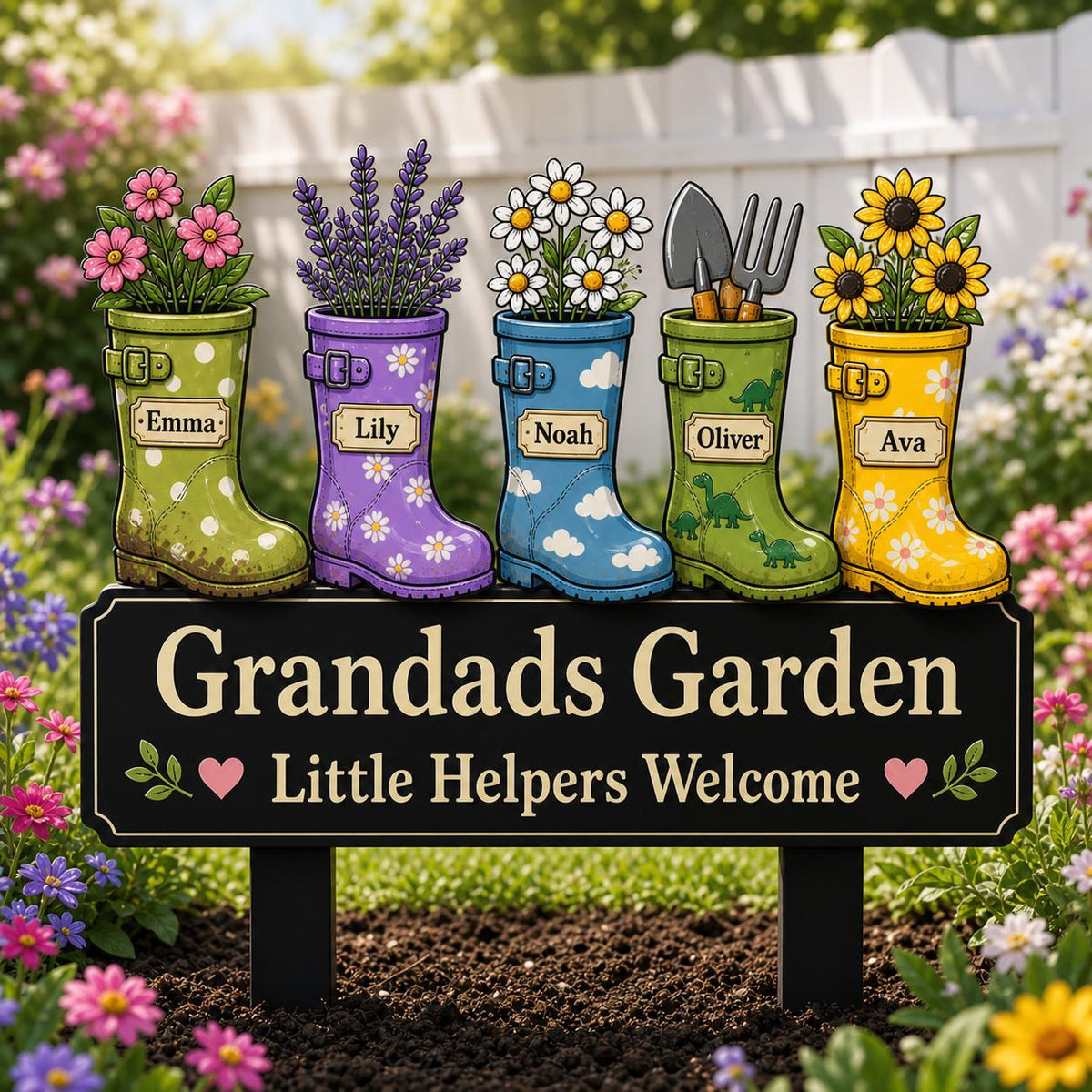 Personalized Grandads Garden Metal Sign – Custom Grandkids Name Welly Boot Yard Stake, Fathers Day Gift For Grandpa