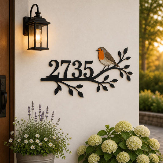 Personalized Robin Bird House Number Sign – Custom Metal Address Plaque, Gift For Bird Lover