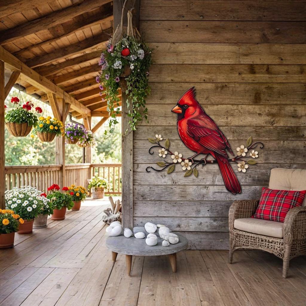 Red Cardinal Dogwood Metal Wall Art – Farmhouse Bird Branch Sign, Gift For Bird Lover Or Porch Decor