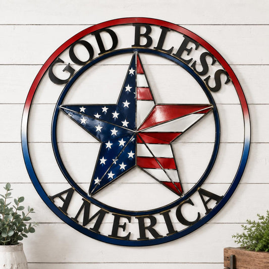 God Bless America Star Metal Wall Art – Patriotic Flag Round Sign, Gift For Veteran