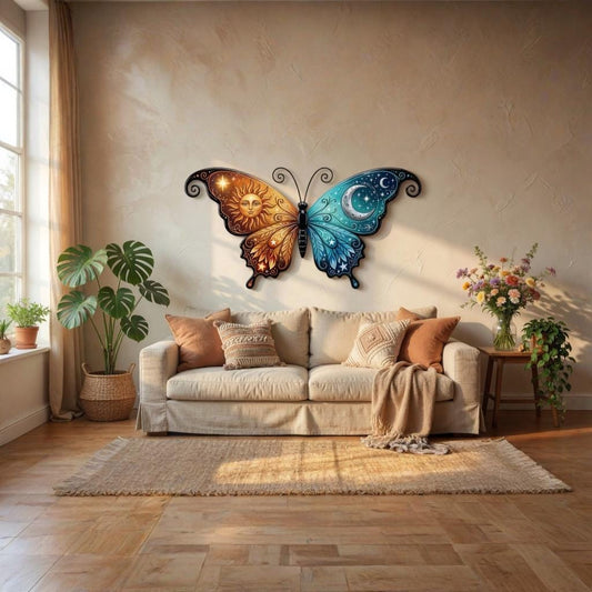 Sun And Moon Butterfly Metal Wall Art – Colorful Celestial Boho Decor, Gift For Living Room Or Spiritual Home