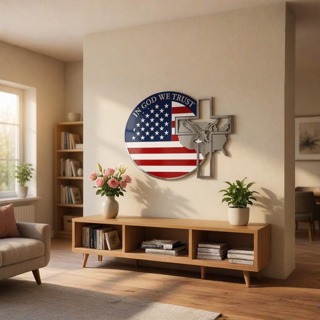 Patriotic Cross Metal Wall Art – American Flag Eagle Sign, Gift For Christian Veteran Home