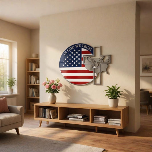 Patriotic Cross Metal Wall Art – American Flag Eagle Sign, Gift For Christian Veteran Home