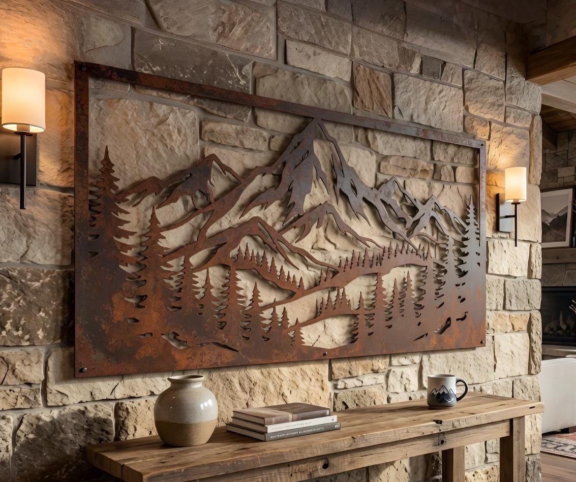 Mountain Range Metal Wall Art – Large Rusted Pine Forest Panel, Gift For Cabin Lodge Or Rustic Living Room