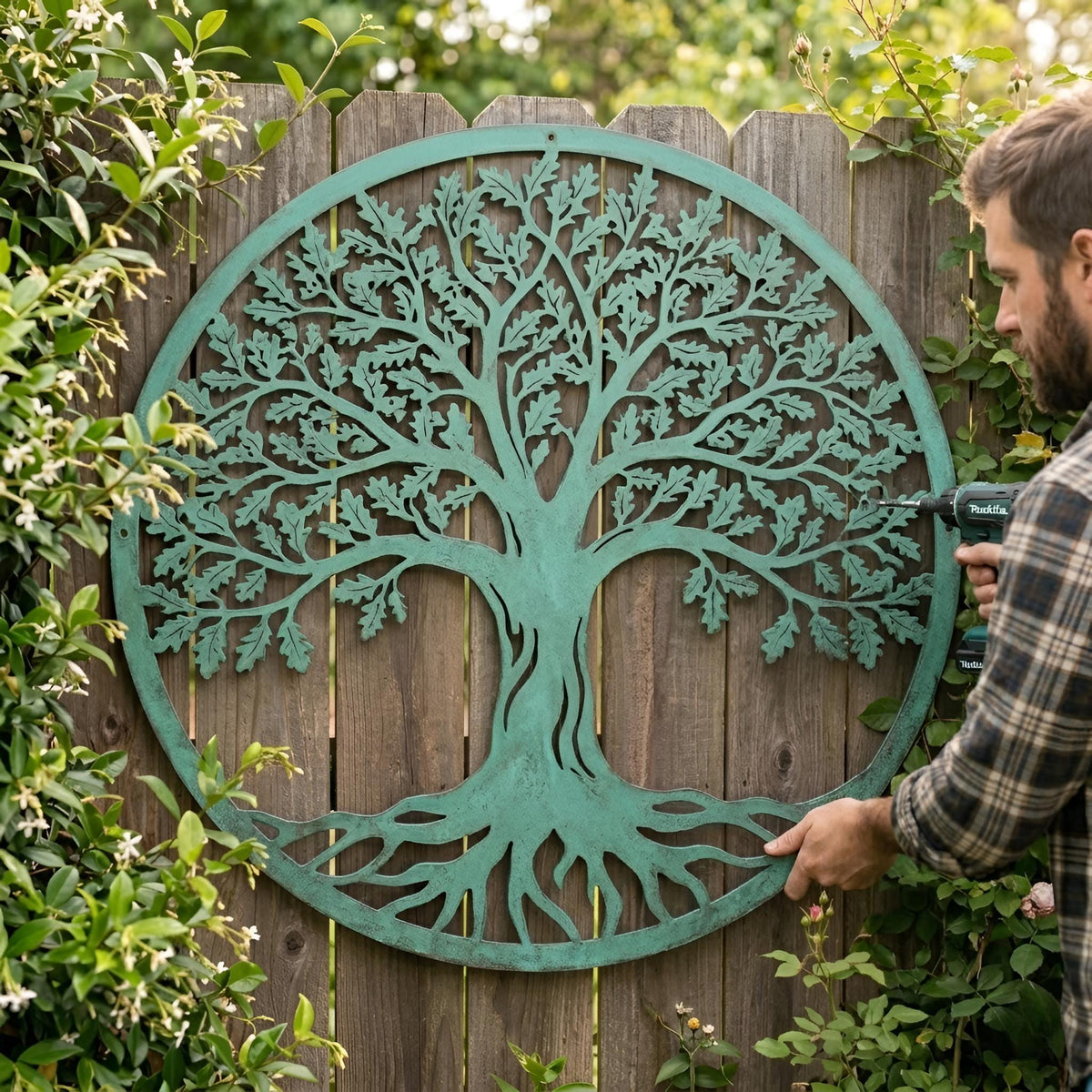 Oak Tree Of Life Round Metal Wall Art – Turquoise Patina Outdoor Fence Decor, Nature Gift