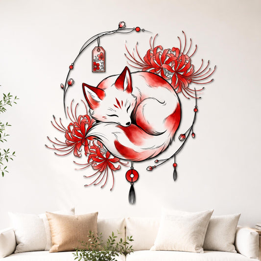 Kitsune Fox Metal Wall Art – Japanese Spider Lily Mandala Sign, Gift For Anime Lover