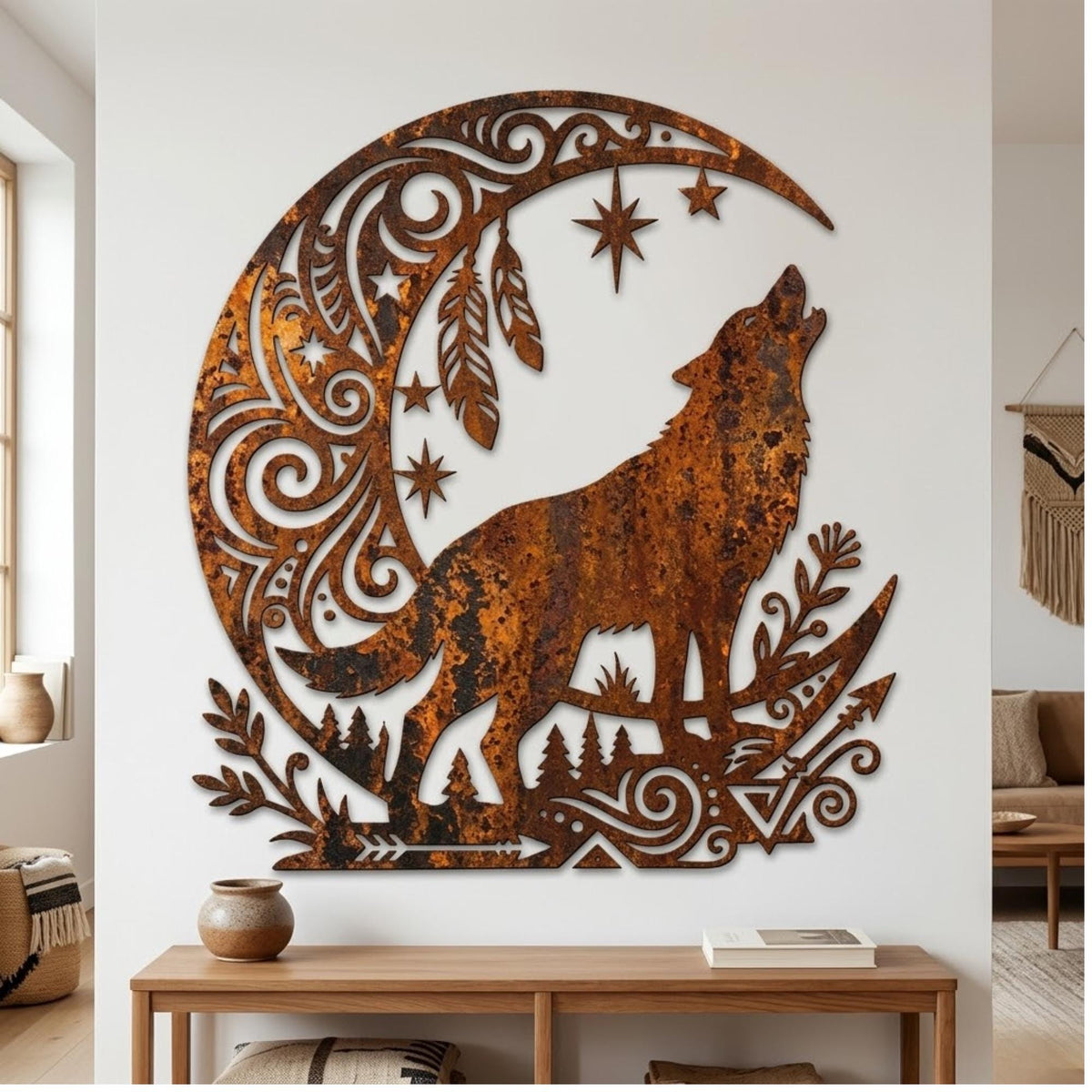 Howling Wolf Crescent Moon Metal Wall Art – Rusted Boho Tribal Forest Decor, Gift For Wolf Lover