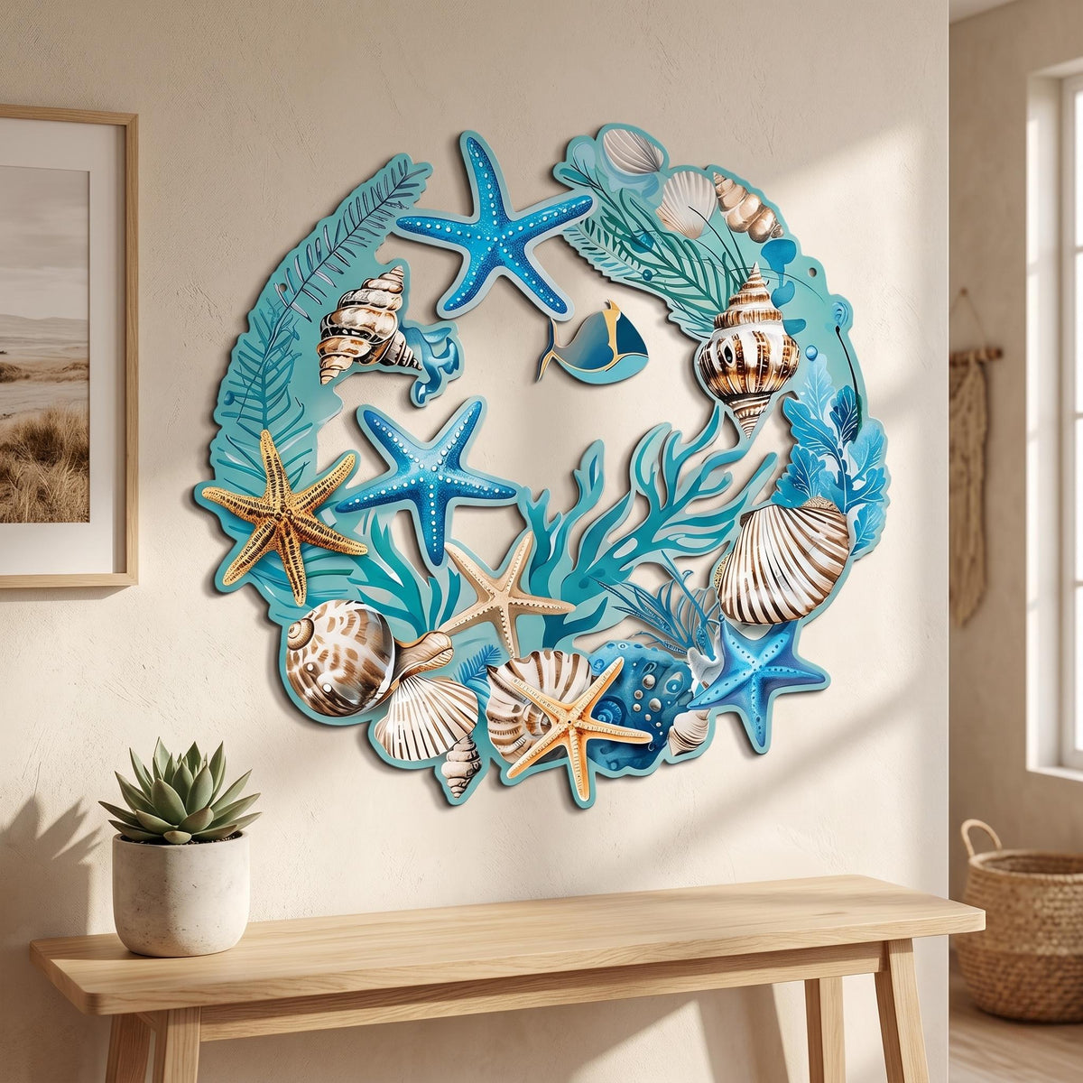 Seashell & Starfish Wreath Metal Wall Art – Coastal Beach House Decor, Gift For Ocean Lovers
