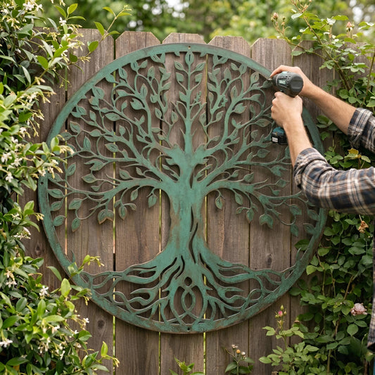Tree Of Life Metal Wall Art – Verdigris Patina Round Garden Sign, Gift For Nature Lovers