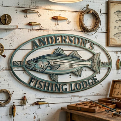 Personalized Fishing Lodge Metal Sign – Custom Family Name Striped Bass Wall Art, Gift For Lake House Or Fisherman