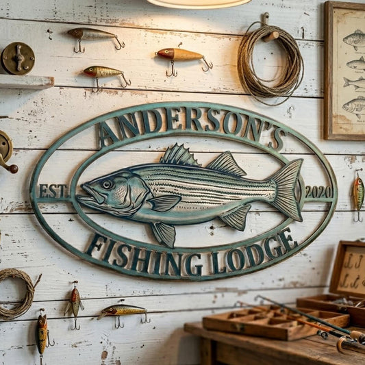 Personalized Fishing Lodge Metal Sign – Custom Family Name Striped Bass Wall Art, Gift For Lake House Or Fisherman