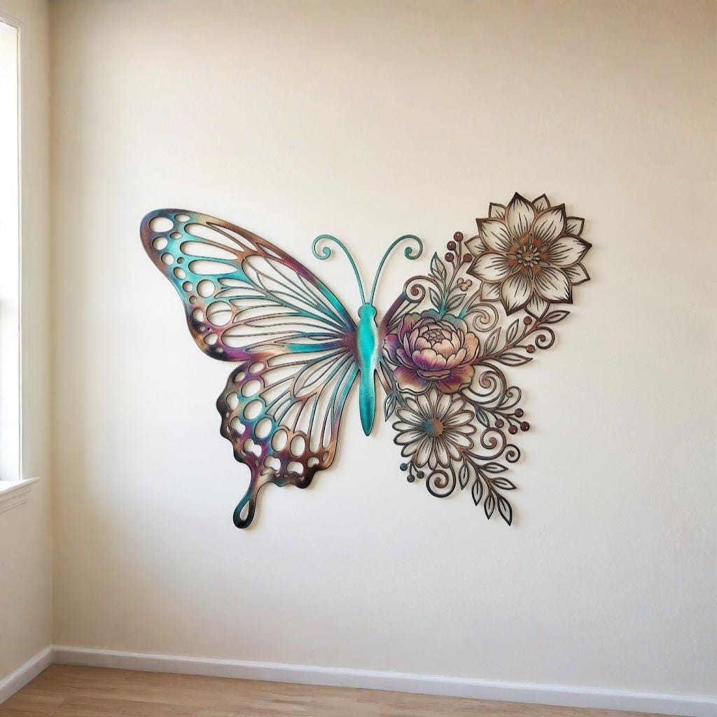 Butterfly Floral Metal Wall Art – Boho Mandala Wing Decor, Gift For Butterfly Lover