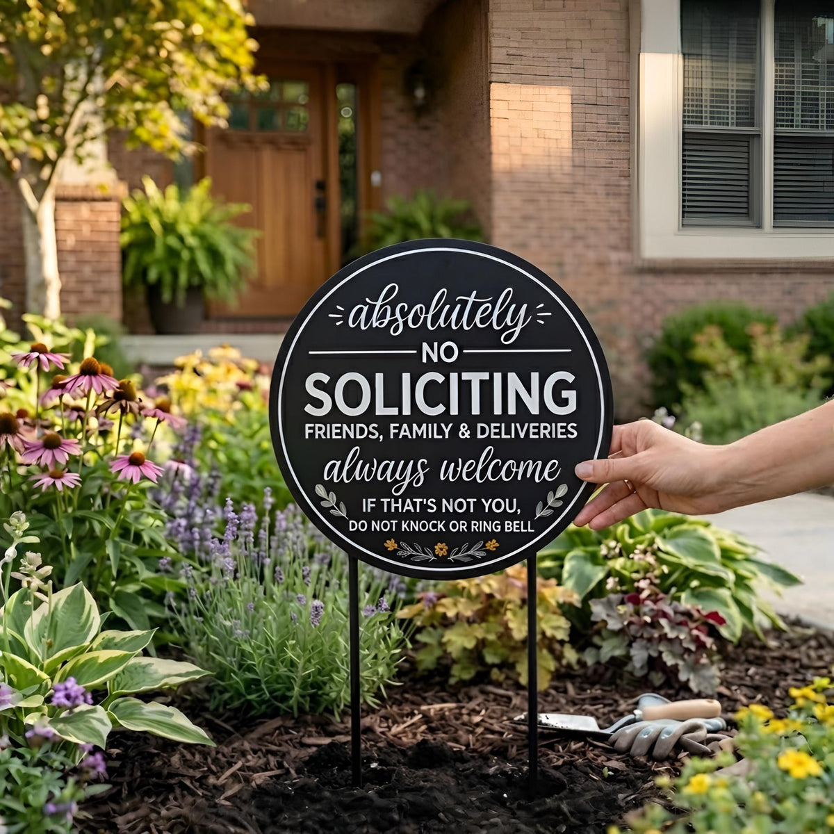 No Soliciting Yard Sign – Friends And Family Always Welcome Round Decor, Gift For Homeowner