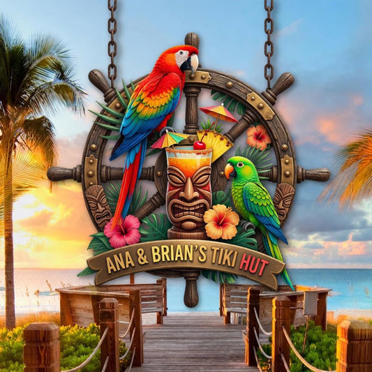Personalized Tiki Bar Sign – Custom Name Parrot Ship Wheel Wall Hanging, Gift For Beach Bar Owner