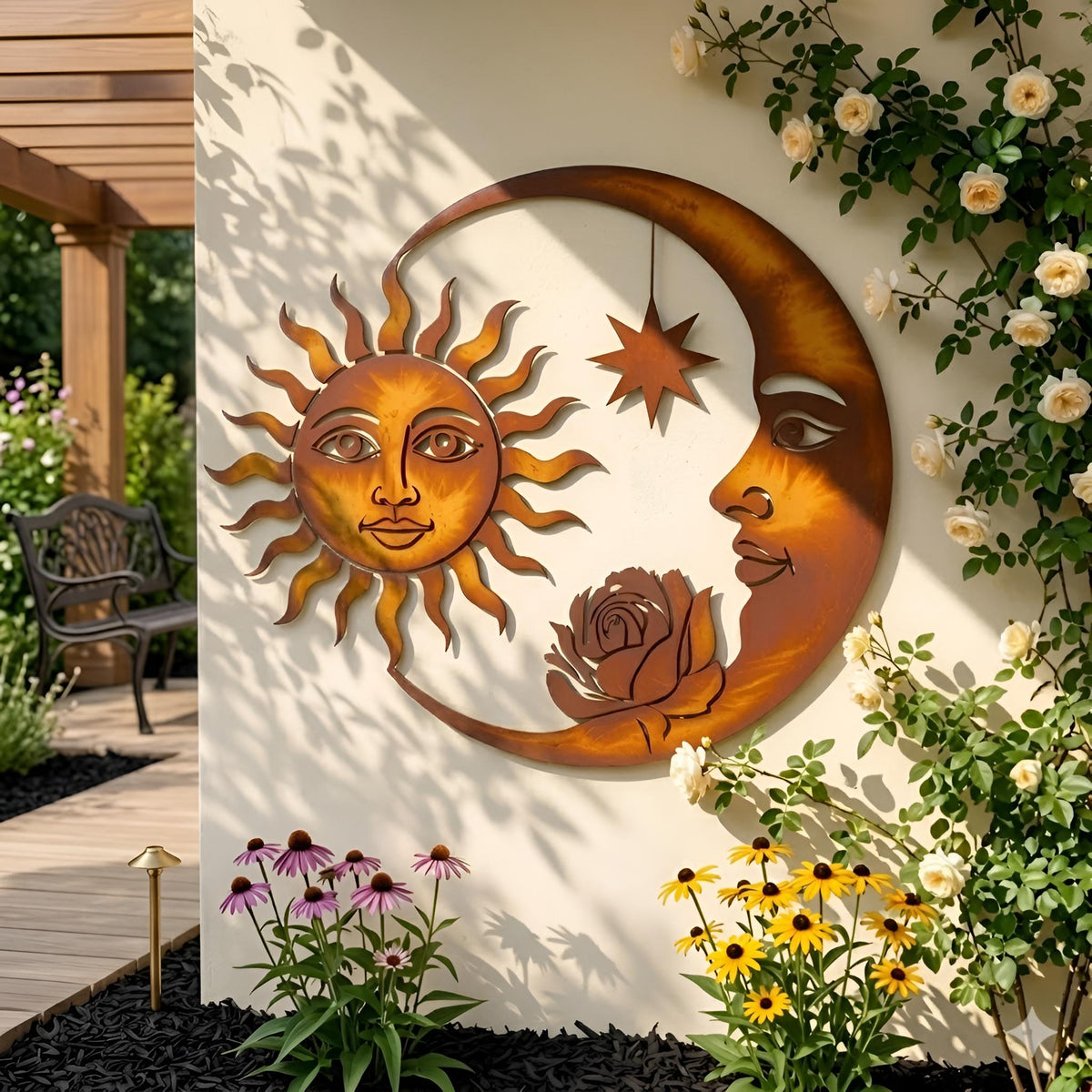 Sun And Moon Face Metal Wall Art – Rustic Celestial Rose Decor, Gift For Boho Patio Or Garden
