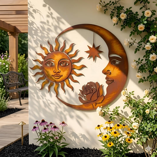 Sun And Moon Face Metal Wall Art – Rustic Celestial Rose Decor, Gift For Boho Patio Or Garden
