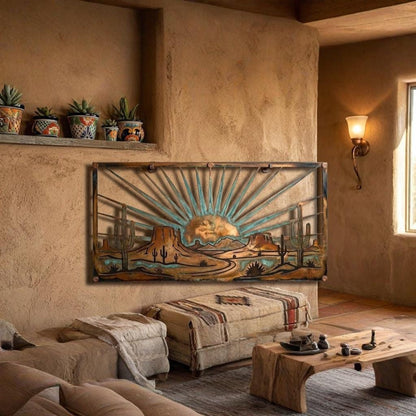 Desert Sunrise Metal Wall Art – Southwest Cactus Mesa Landscape Sign, Gift For Desert Home Decor
