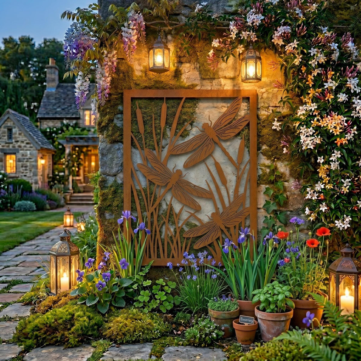 Dragonfly Metal Garden Panel – Rustic Botanical Pond Screen, Gift For Nature Lovers