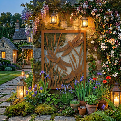 Dragonfly Metal Garden Panel – Rustic Botanical Pond Screen, Gift For Nature Lovers