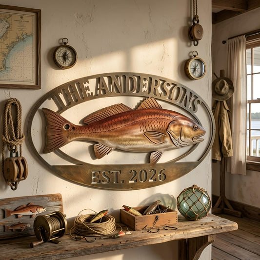 Personalized Redfish Metal Sign – Custom Family Name Fishing Decor, Gift For Fisherman