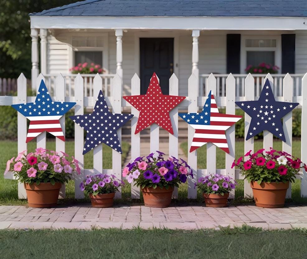 Usa Flag Star Fence Decor Set – Patriotic Porch Yard Art, Gift For Veteran