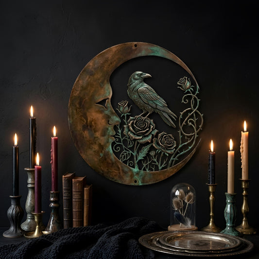Gothic Raven And Crescent Moon Metal Wall Art – Crow With Roses Celestial Decor, Gift For Witchy Room Or Dark Home